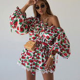 Early Strawberry Printed Dress Waist Trimming Shoulder Long Sleeve A line Dress